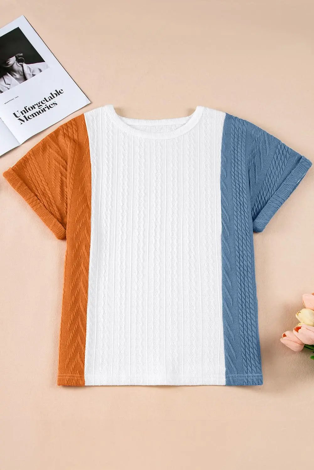 Light Blue Textured Color Block Loose Fit T Shirt - Love Salve